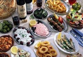 A spread of small dishes making up a Cypriot fish meze